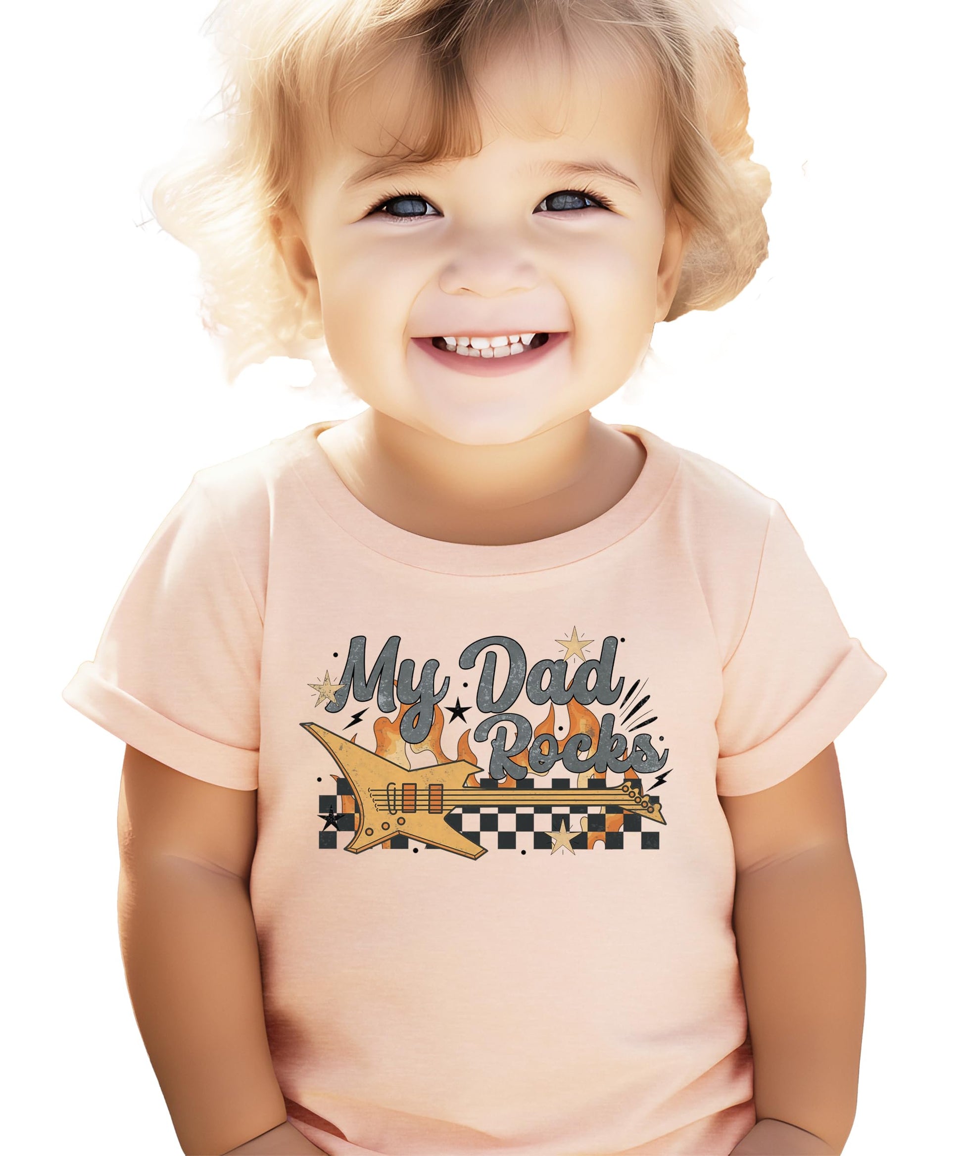 Flat lay of My Dad Rocks peach kids' tee with bold rocker graphic design