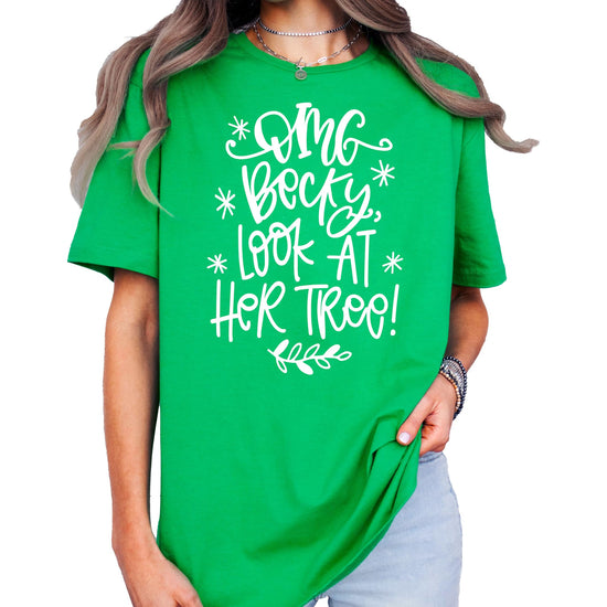 Front view of red holiday graphic tee with humorous Christmas tree quote for women