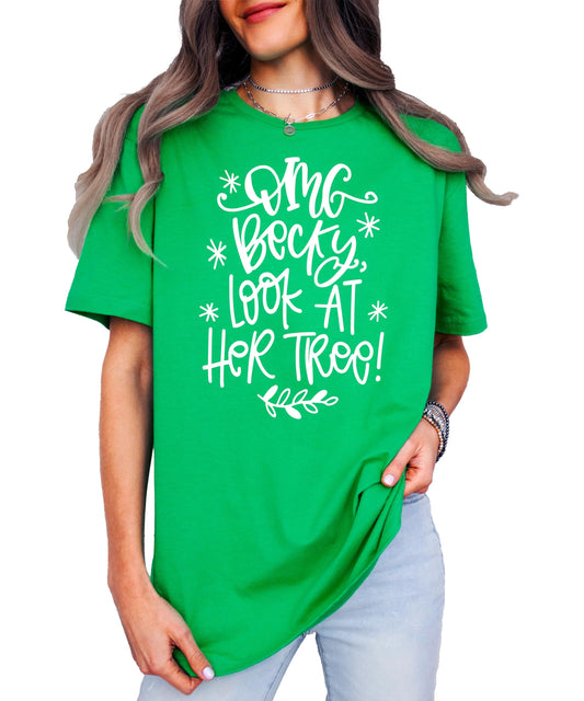 Front view of red holiday graphic tee with humorous Christmas tree quote for women