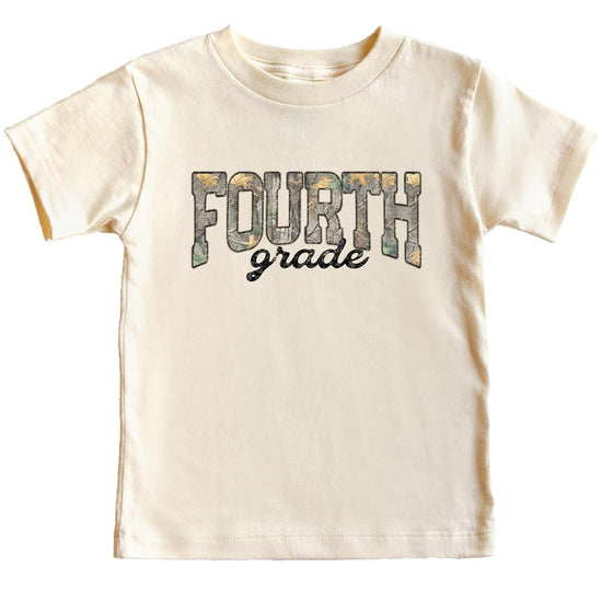 Close-up of Fourth Grade camo shirt design showing woodland leaf print lettering and script accent