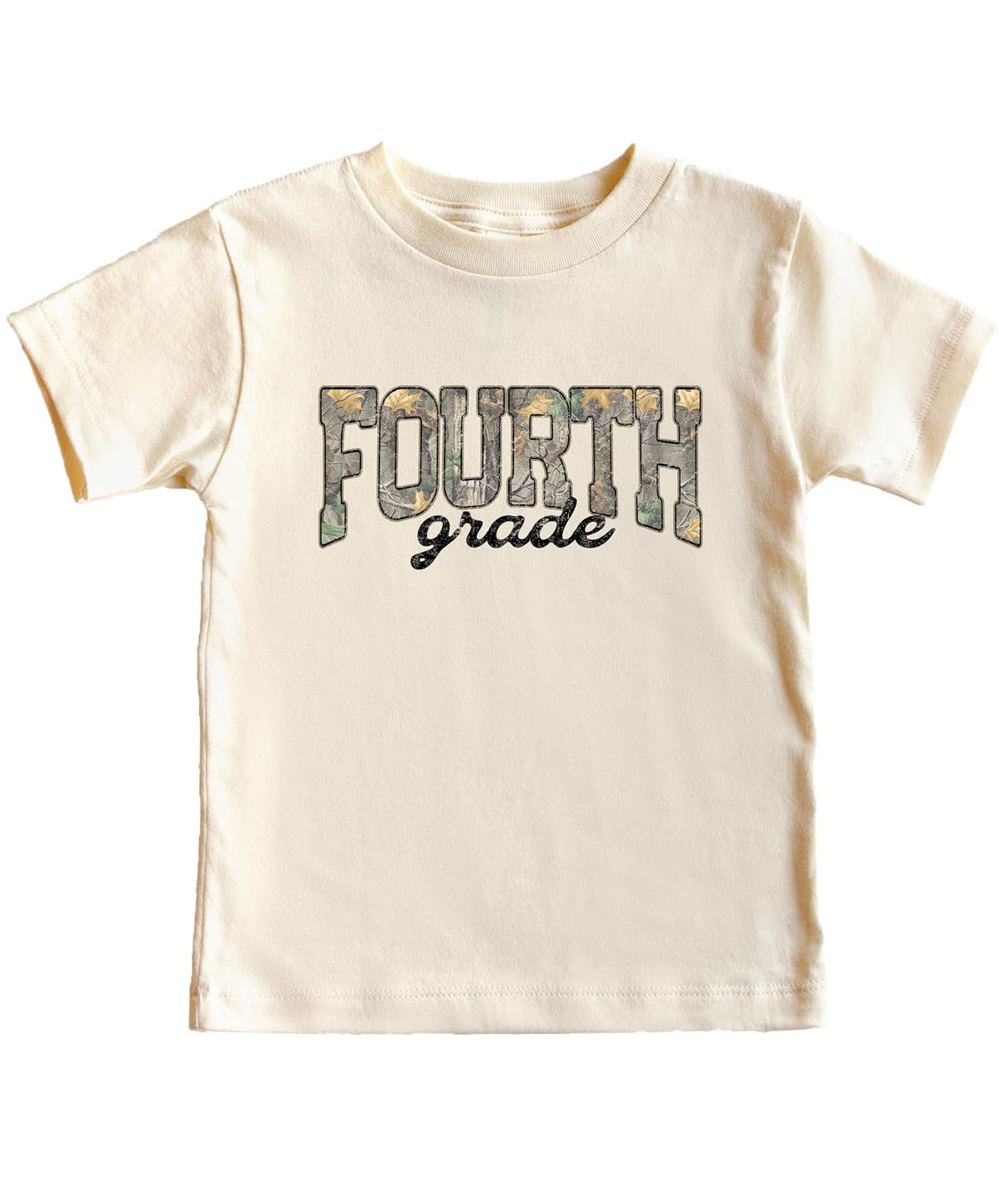 Close-up of Fourth Grade camo shirt design showing woodland leaf print lettering and script accent