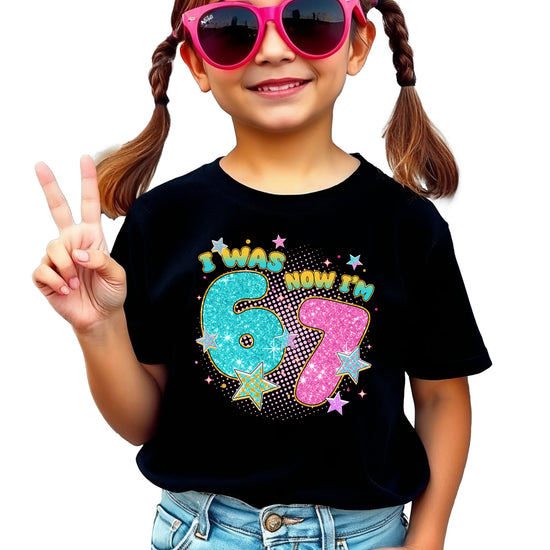 Pink glitter 'I Was 6 Now I'm 7' birthday girl graphic t-shirt for kids