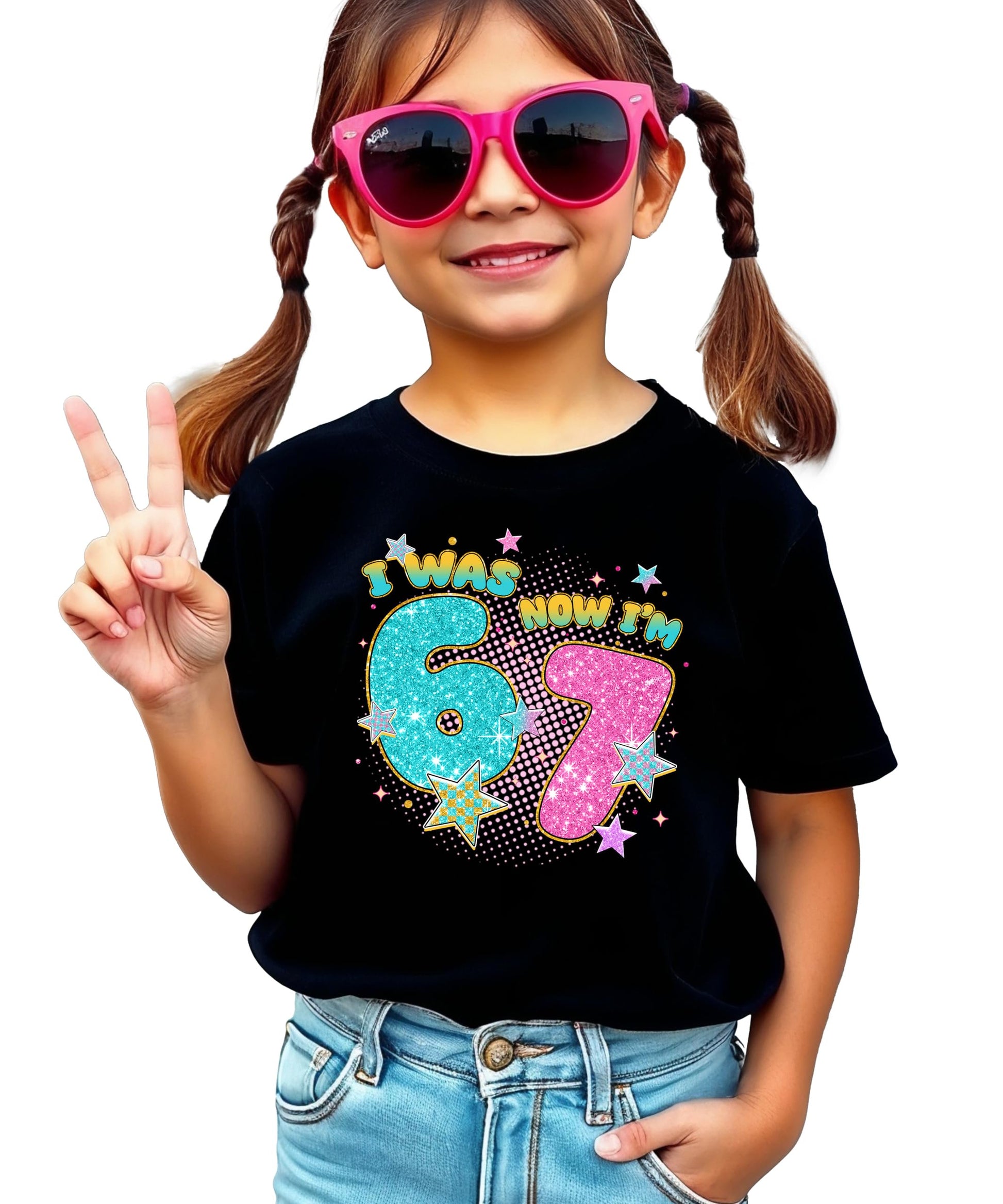 Pink glitter 'I Was 6 Now I'm 7' birthday girl graphic t-shirt for kids