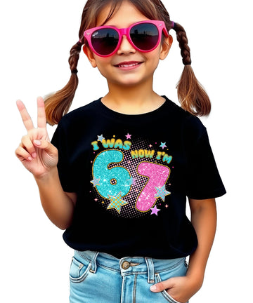 Pink glitter 'I Was 6 Now I'm 7' birthday girl graphic t-shirt for kids