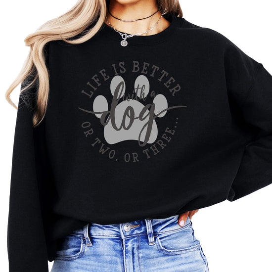 Front view of funny dog mom sweatshirt in white with bold graphic lettering