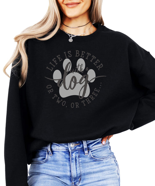Front view of funny dog mom sweatshirt in white with bold graphic lettering