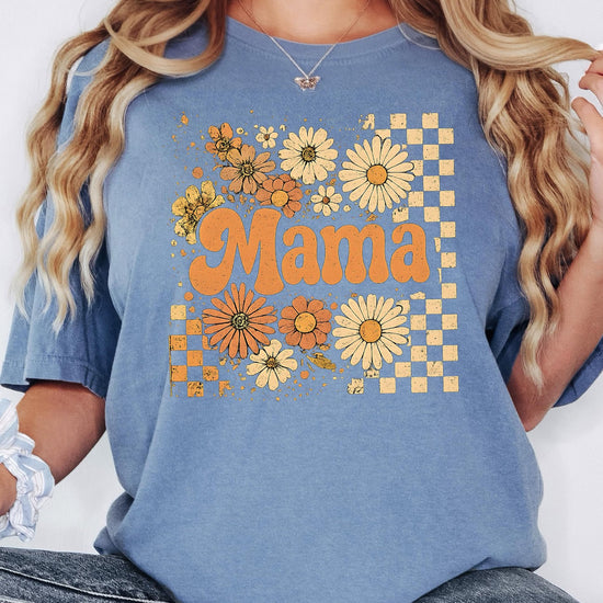 Sunflower checkered fall shirt for moms showing trendy retro design details