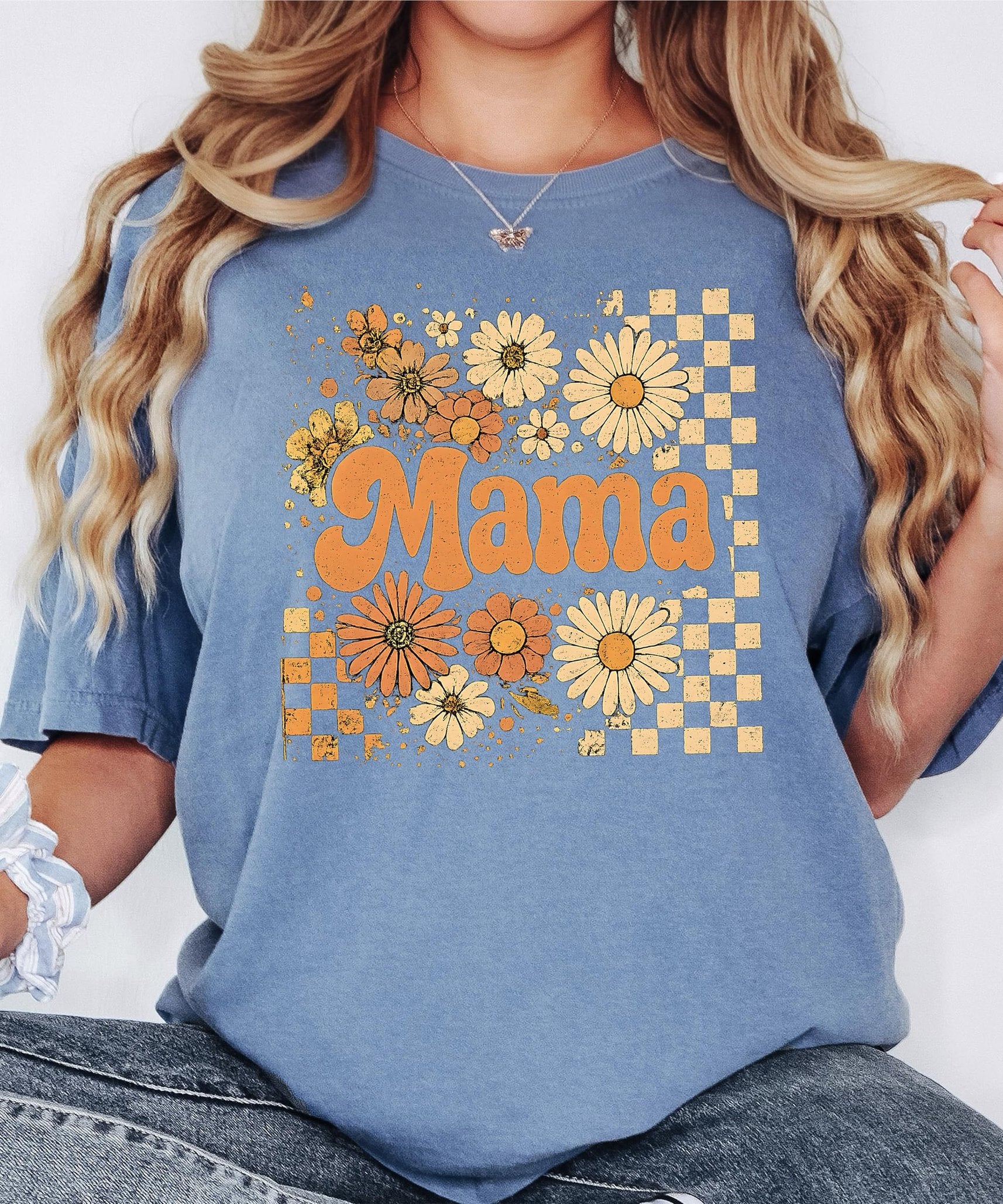 Sunflower checkered fall shirt for moms showing trendy retro design details