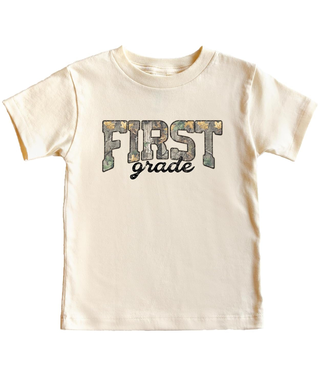 Boy wearing First Grade camouflage shirt — back to school outfit in natural colorway