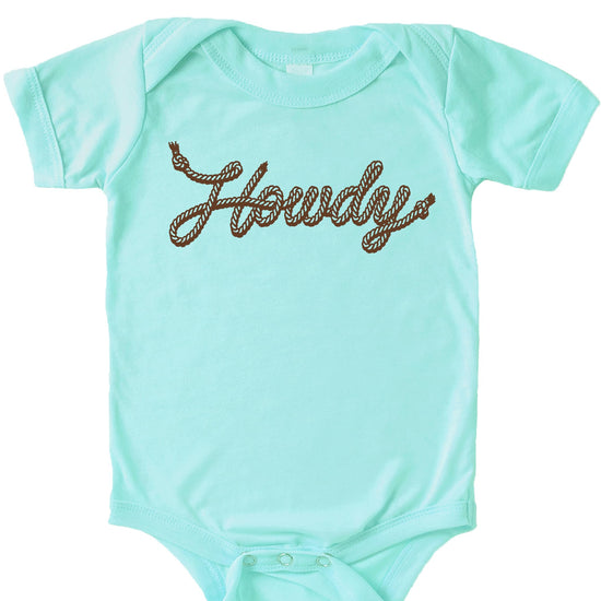Peach baby bodysuit with vintage rope script Howdy graphic, country western style for infant boys and girls