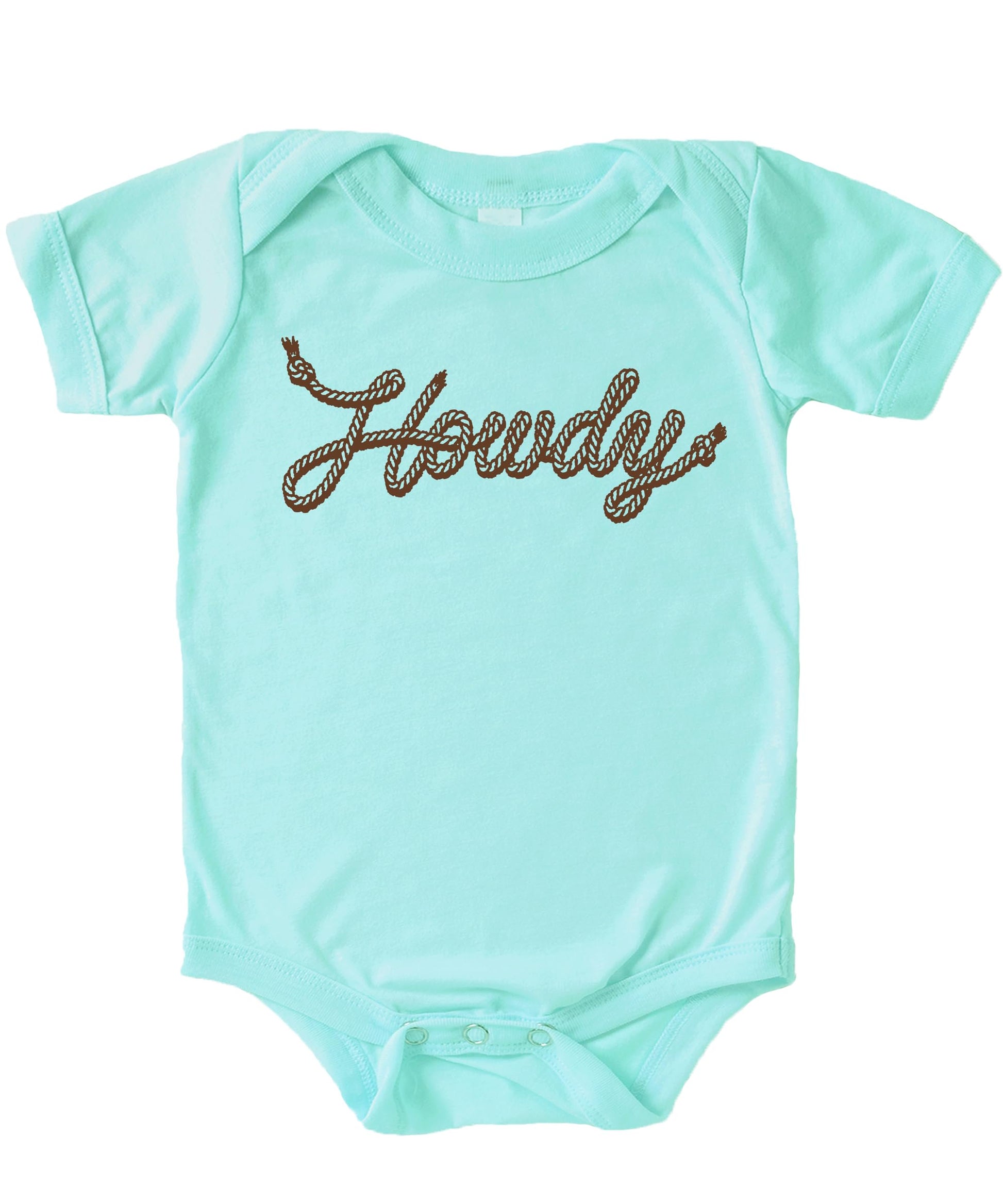 Peach baby bodysuit with vintage rope script Howdy graphic, country western style for infant boys and girls