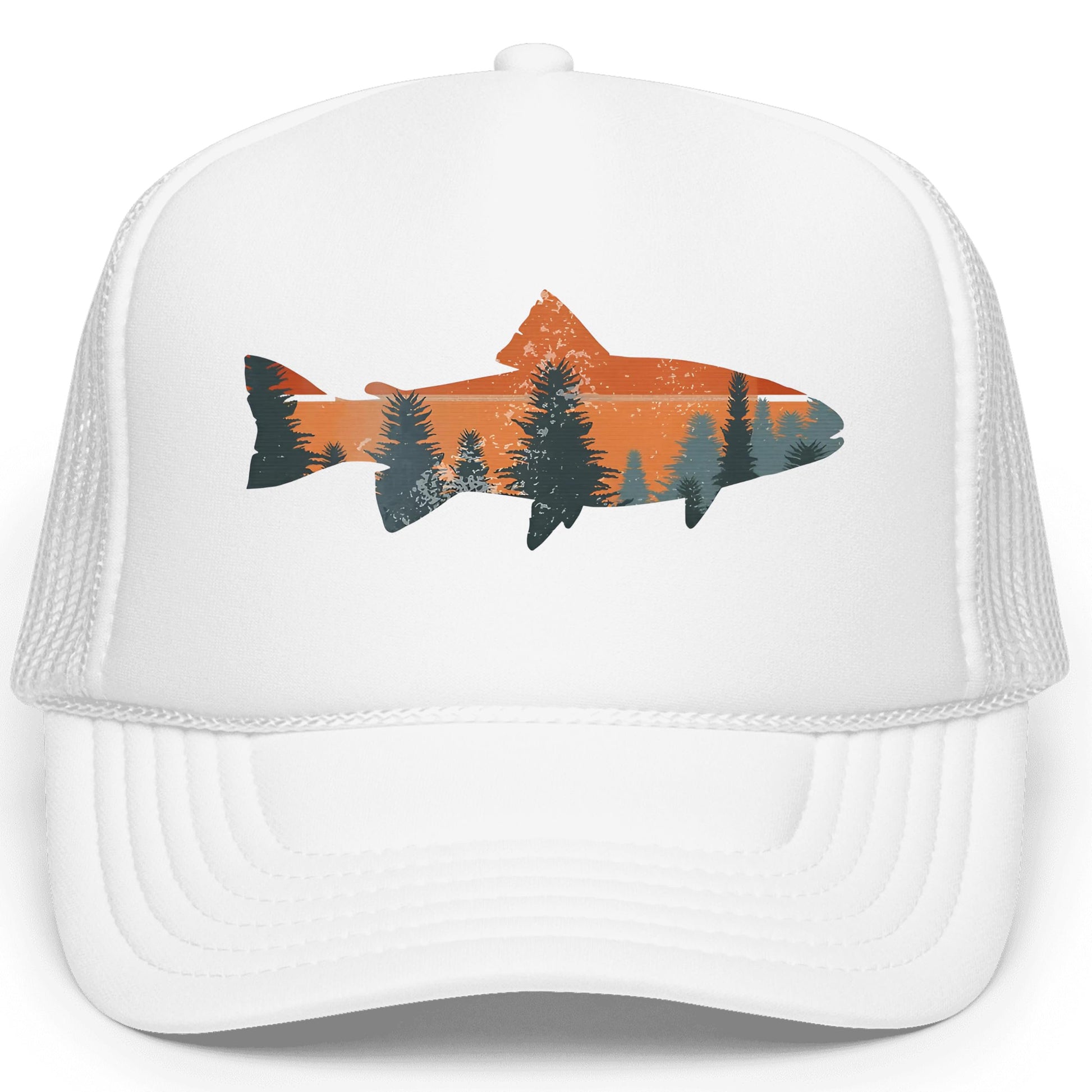 Trout fishing sunset trucker hat front view - all white foam front snapback