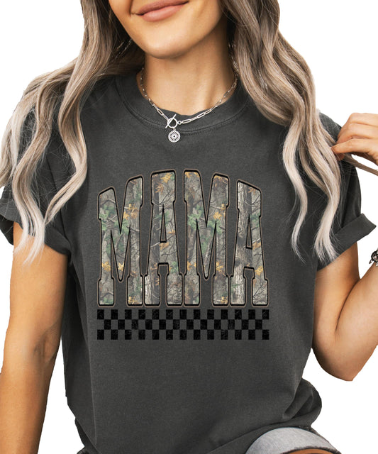 Olive Loves Apple Mama Distressed Camo Shirt - Trendy Checkered Graphic Tee - Camouflage T-Shirt for Mom