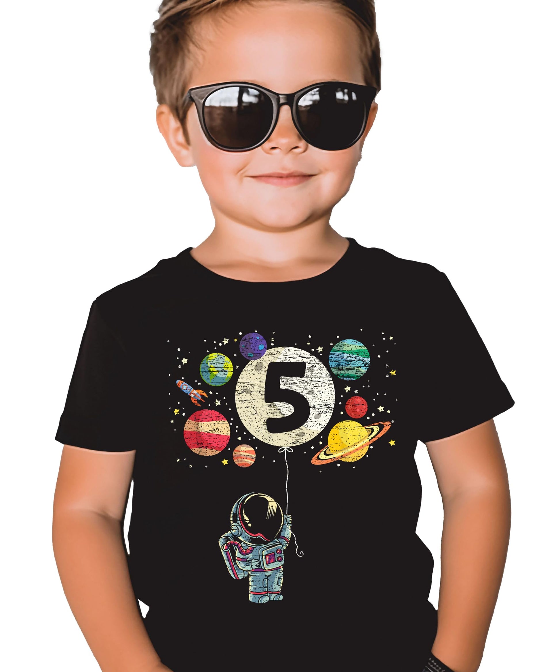 Flat lay of kids astronaut birthday shirt showing full rocket and planet design