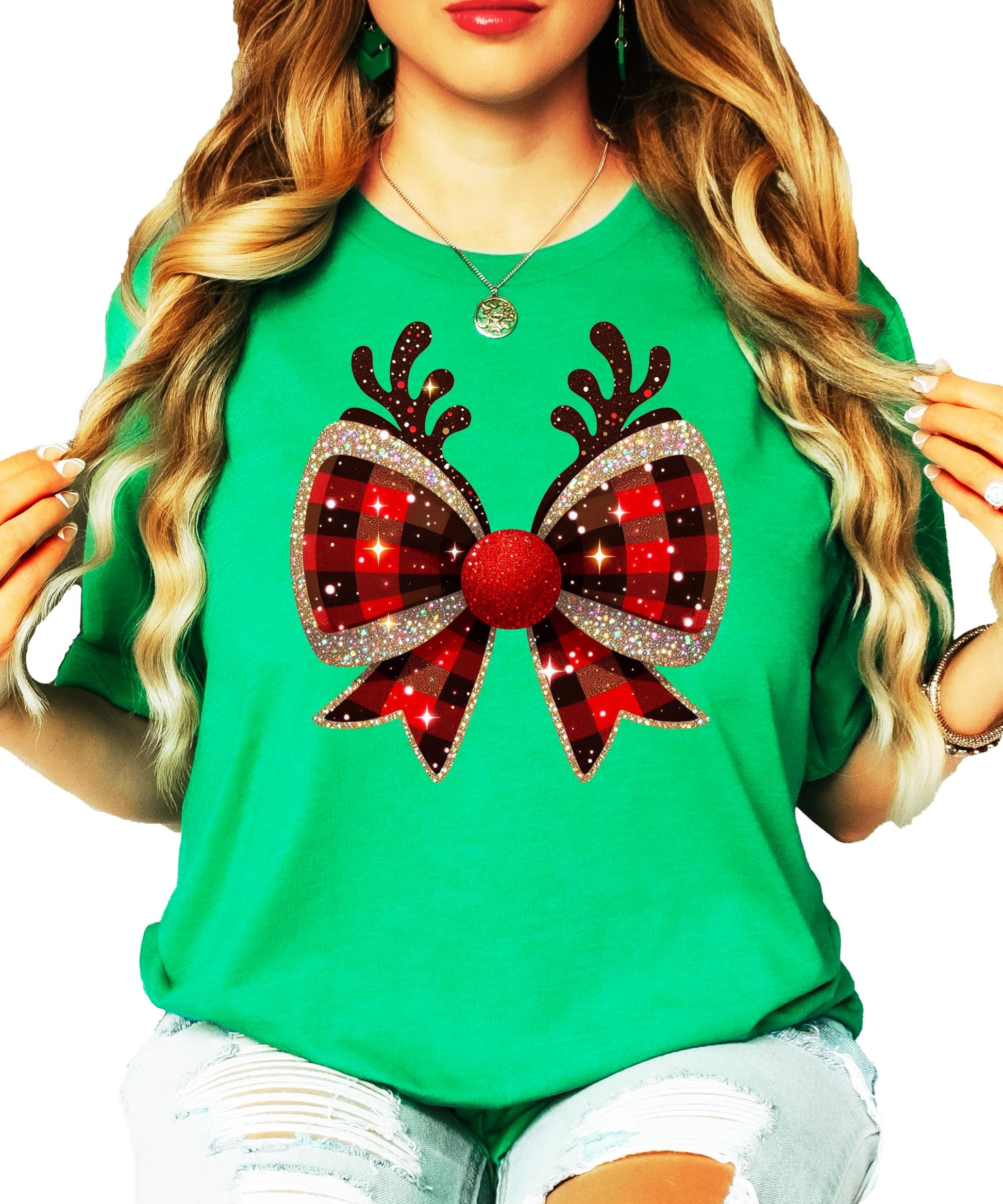 Close-up of buffalo check bow and reindeer antlers graphic print on Christmas holiday shirt