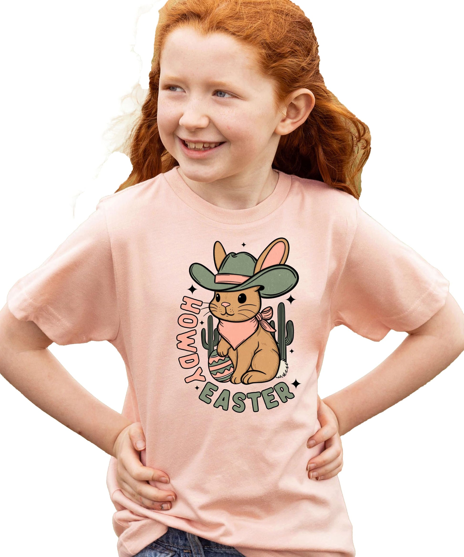 Girls wearing Howdy Easter western graphic tee, showing relaxed fit and vibrant spring print