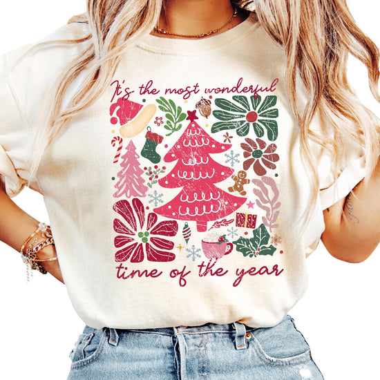Detail shot of 'It's the Most Wonderful Time of the Year' Christmas shirt print on ivory fabric