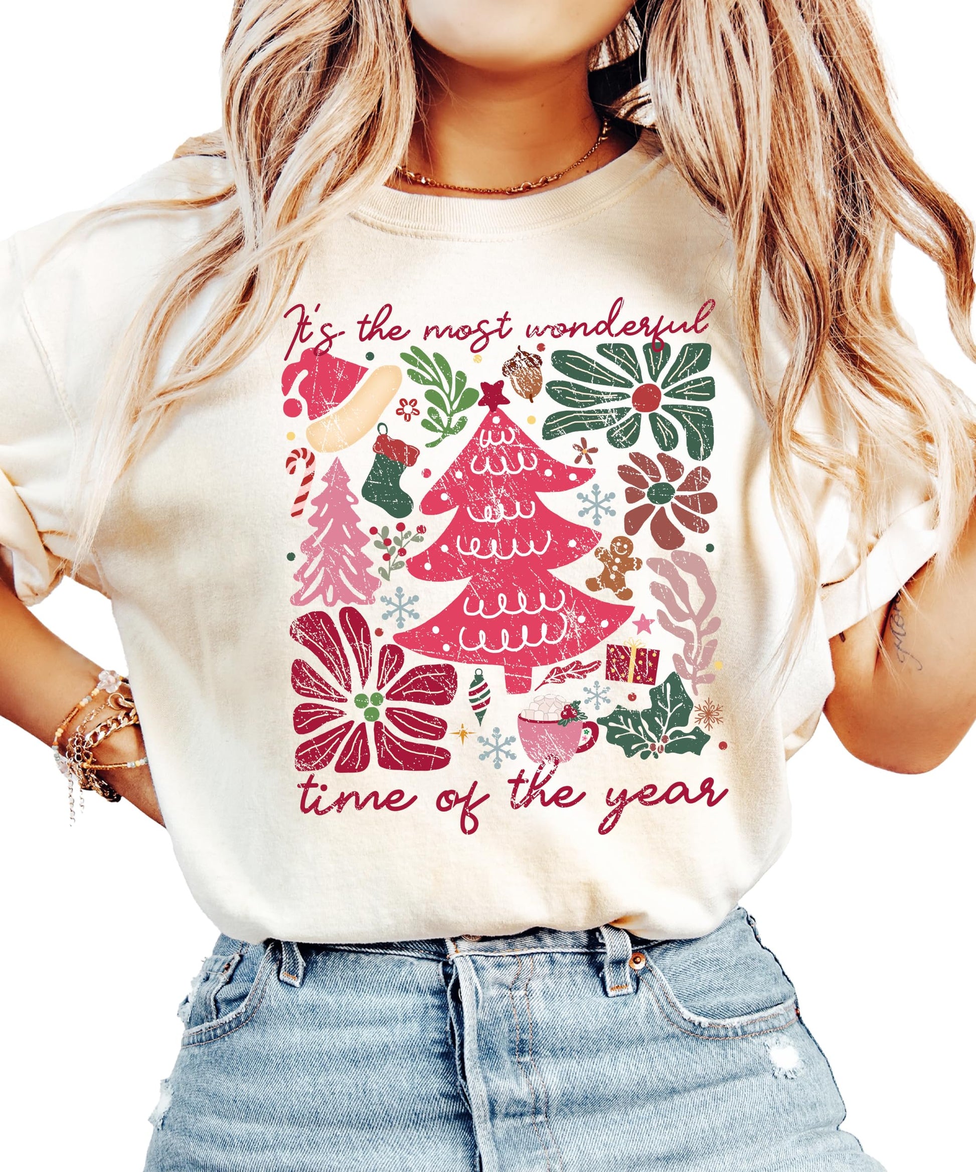 Detail shot of 'It's the Most Wonderful Time of the Year' Christmas shirt print on ivory fabric