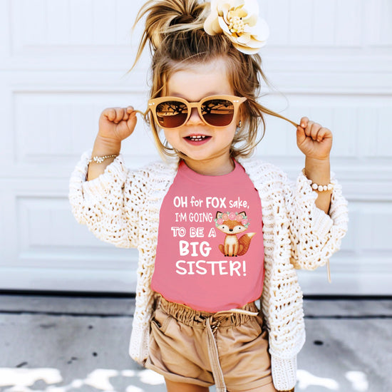 Side or detail view of Oh For Fox Sake funny big sister announcement graphic tee for girls