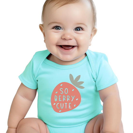Flat lay of So Berry Cute infant bodysuit showing full graphic detail on military green fabric