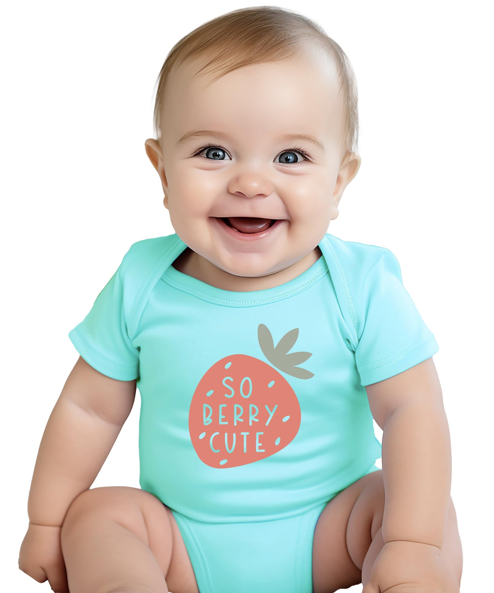 Flat lay of So Berry Cute infant bodysuit showing full graphic detail on military green fabric