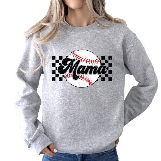 Front view of Baseball Mama checkered gray pullover sweatshirt women's graphic apparel