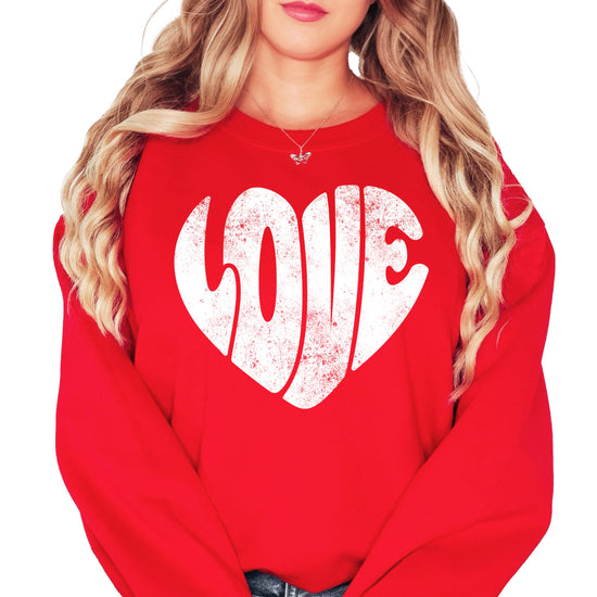 Red retro heart Valentine's Day sweatshirt with love graphic, front view