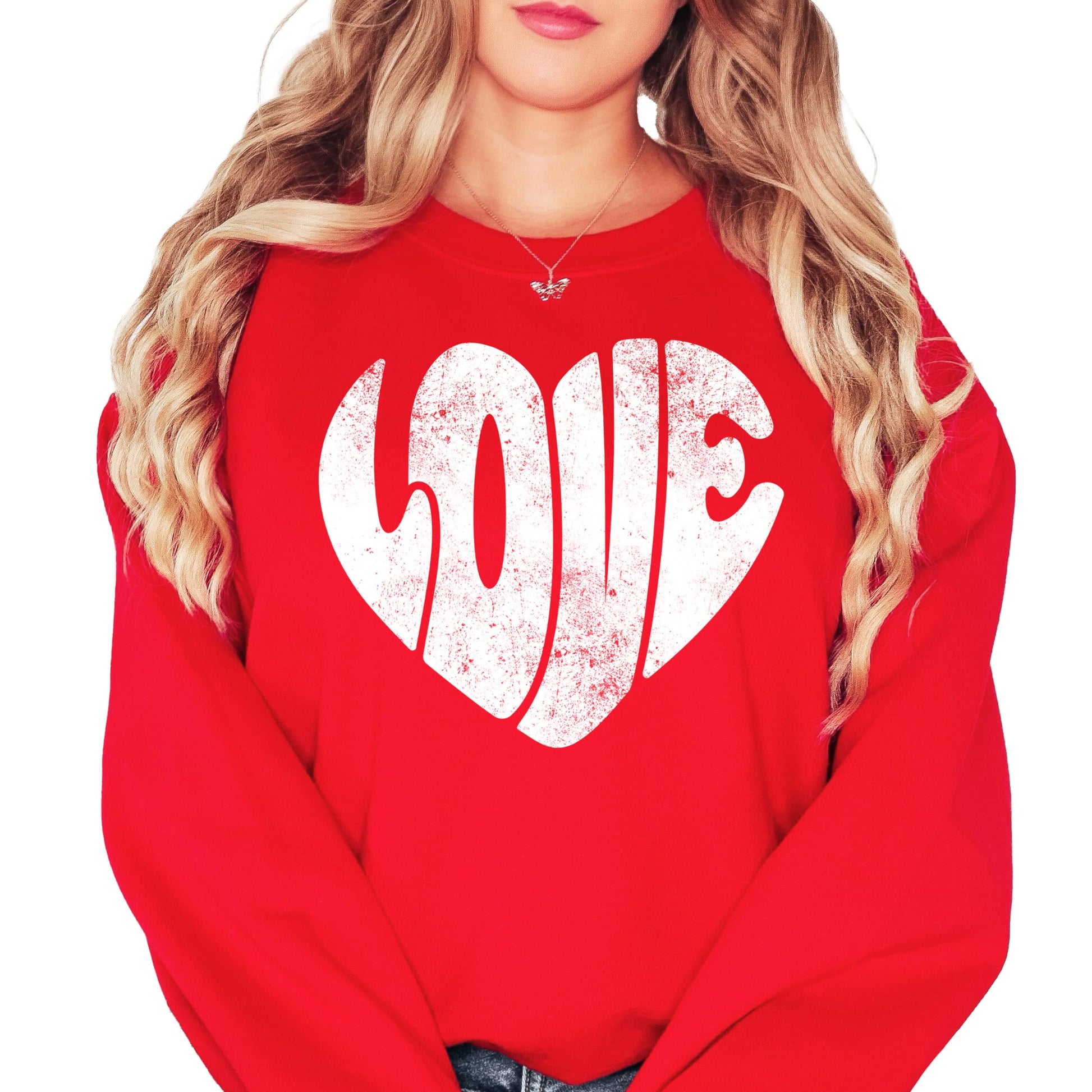 Red retro heart Valentine's Day sweatshirt with love graphic, front view