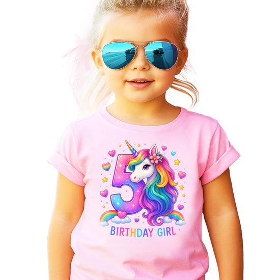 Girls pink graphic tee with rainbow unicorn and sparkling number 5 for 5th birthday