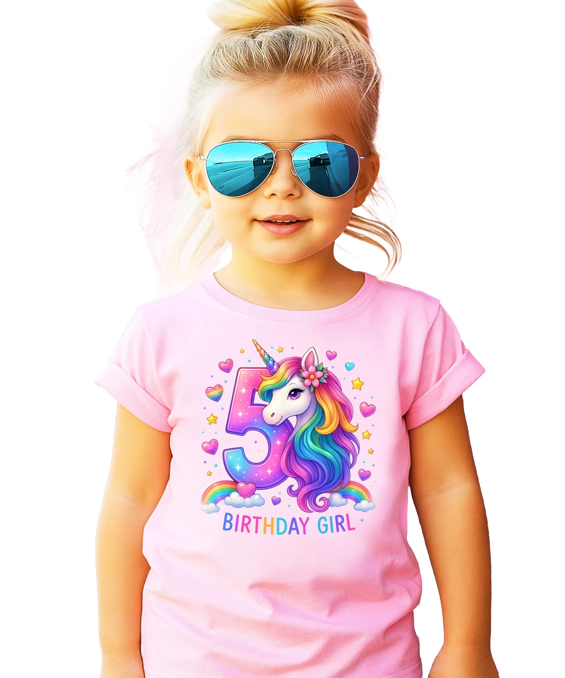 Girls pink graphic tee with rainbow unicorn and sparkling number 5 for 5th birthday