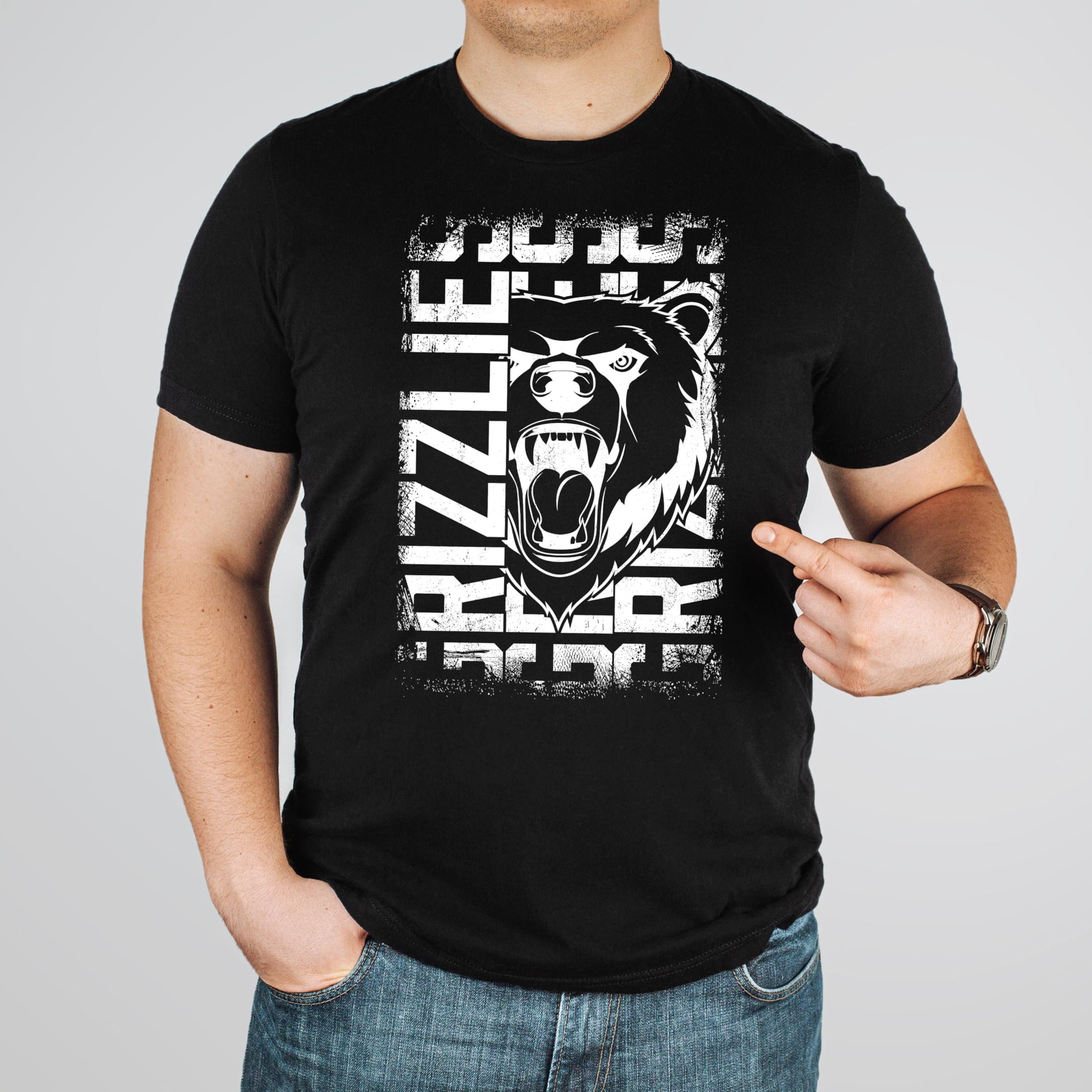 Grizzlies mascot shirt styled on model showing relaxed unisex fit