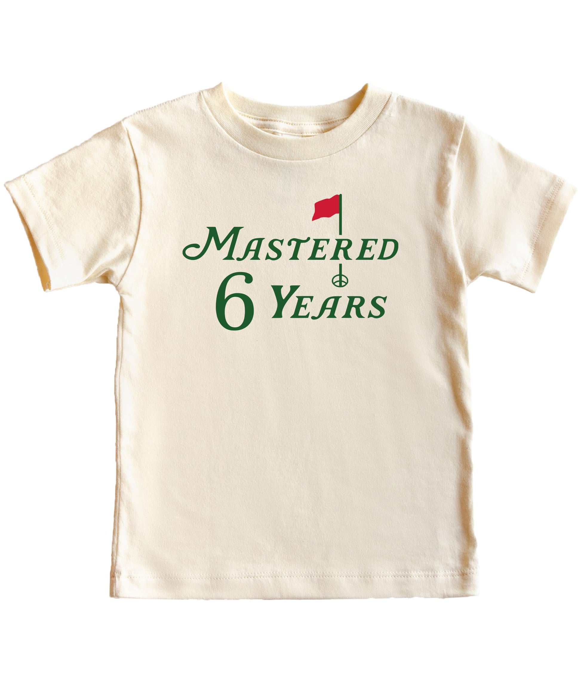 Child wearing natural colored sixth birthday golf themed graphic tee