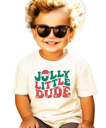Jolly Little Dude kids Christmas graphic tee with red and green snowflake design on black shirt