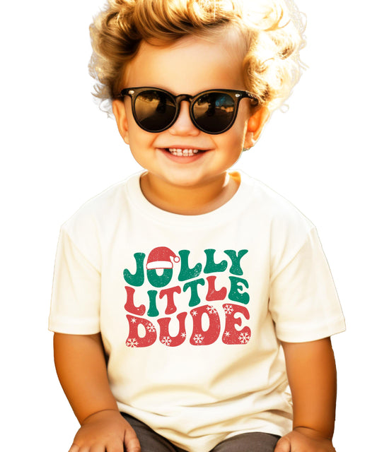 Jolly Little Dude kids Christmas graphic tee with red and green snowflake design on black shirt