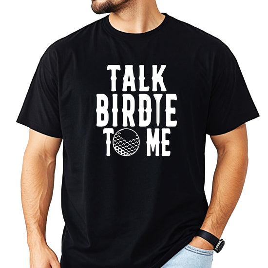 Talk Birdie To Me funny golf t-shirt in heather blue on male model