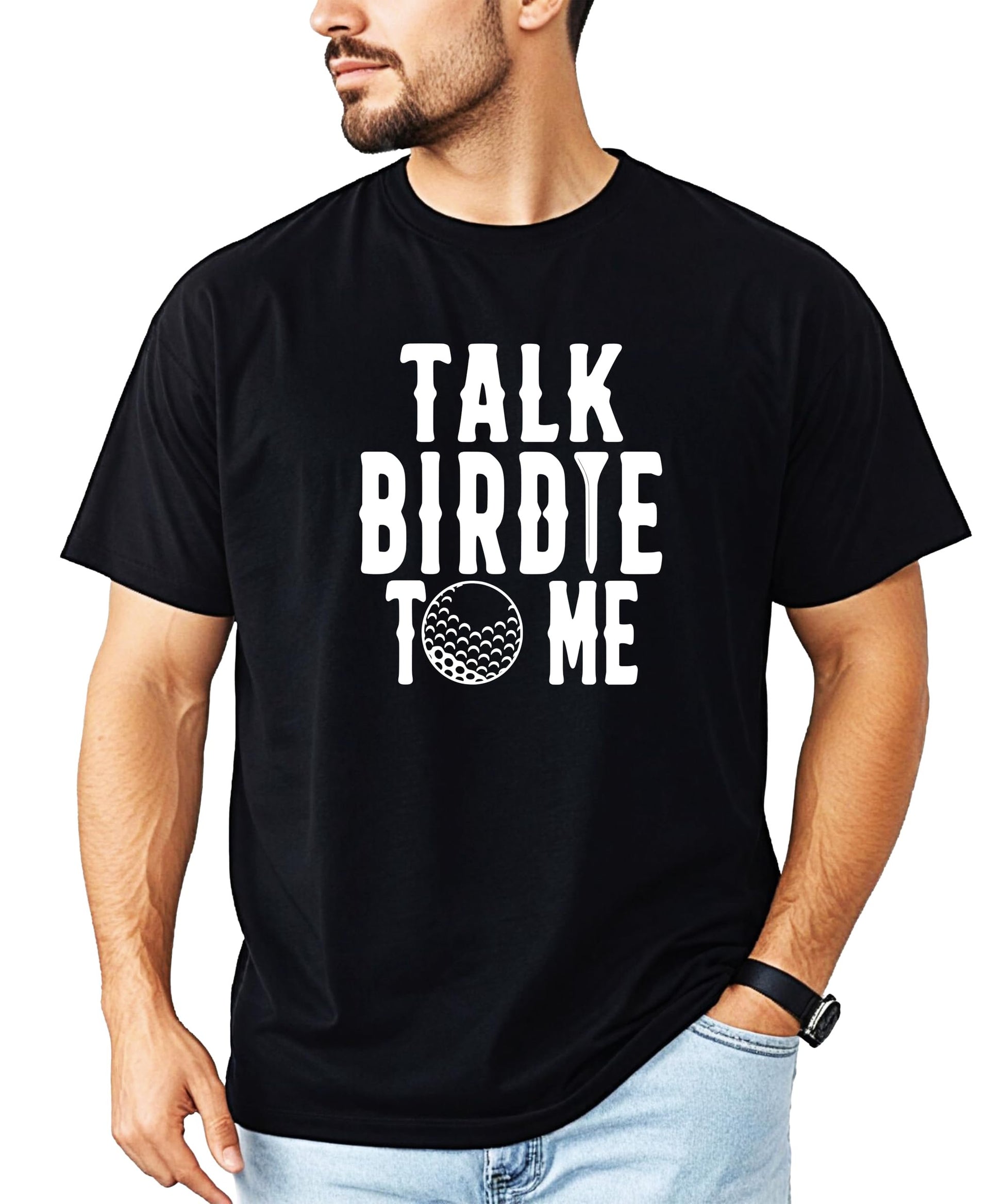 Talk Birdie To Me funny golf t-shirt in heather blue on male model