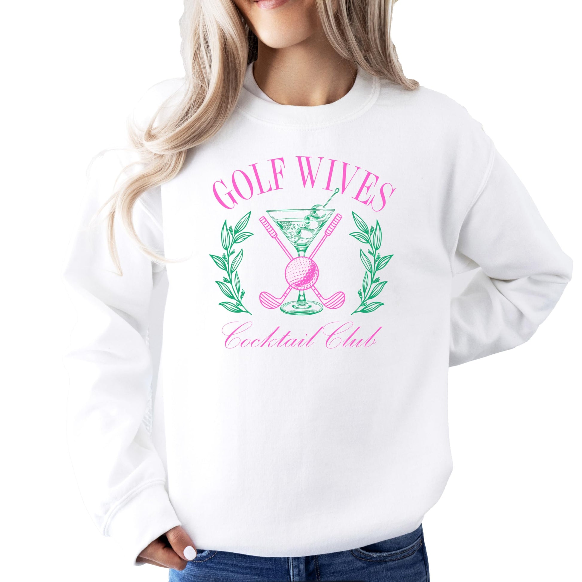 Golf Wives Cocktail Club funny women's sweatshirt laid flat showing full design
