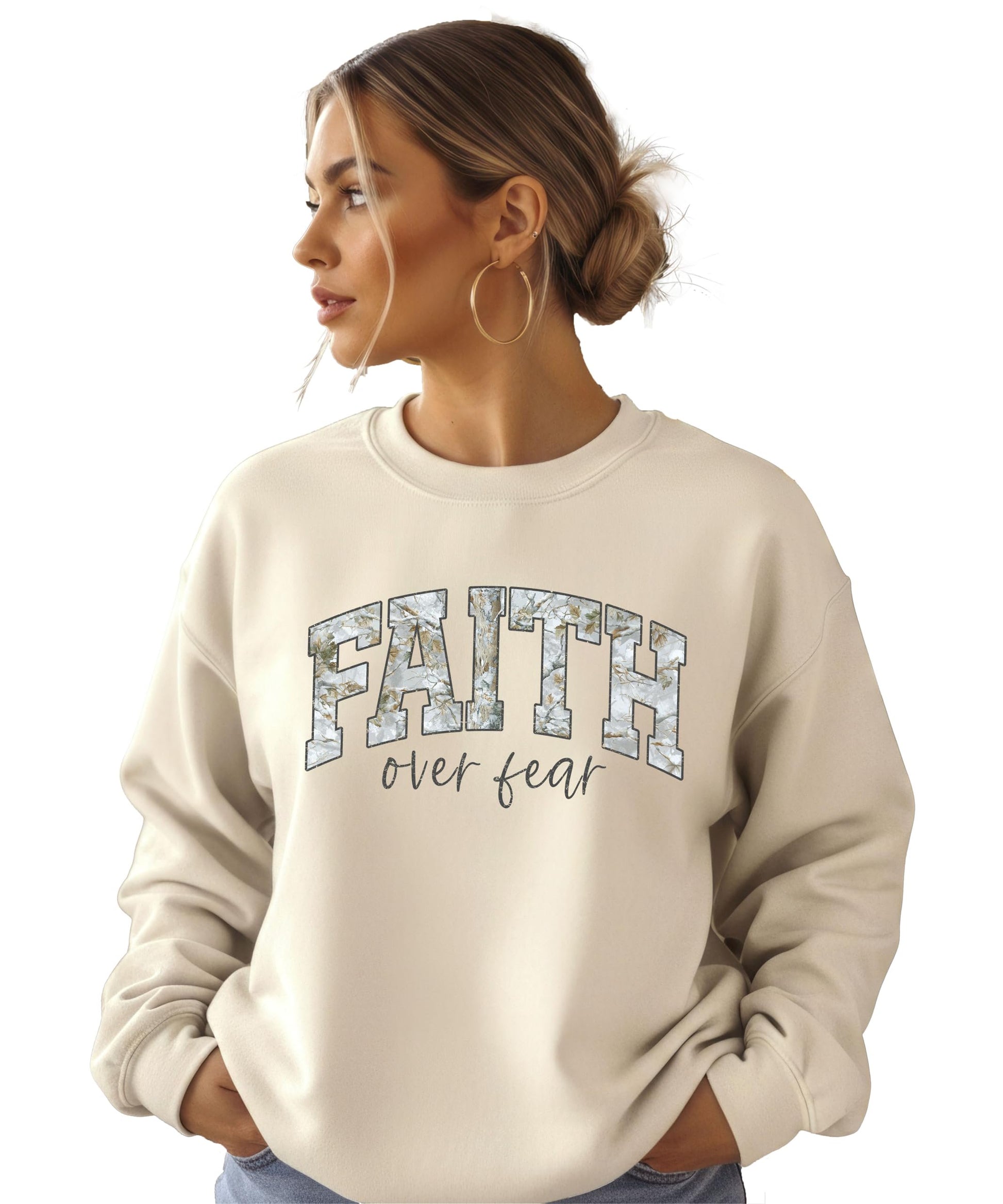 Side view of women's Faith Over Fear pullover sweatshirt in army green