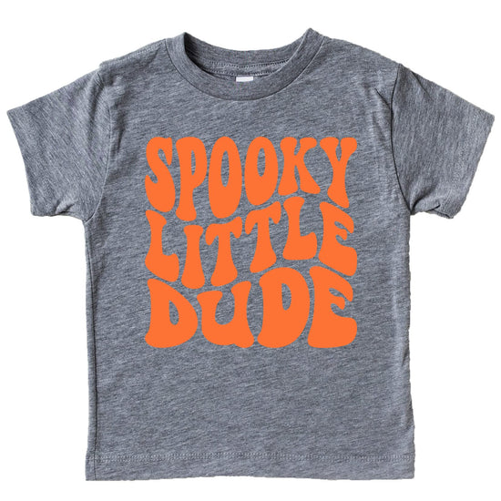 Spooky Little Dude Halloween graphic tee for baby and toddler boys in vintage burgundy