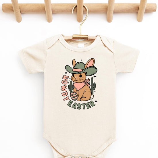 Detail shot of professional print quality on howdy bunny baby girl one-piece