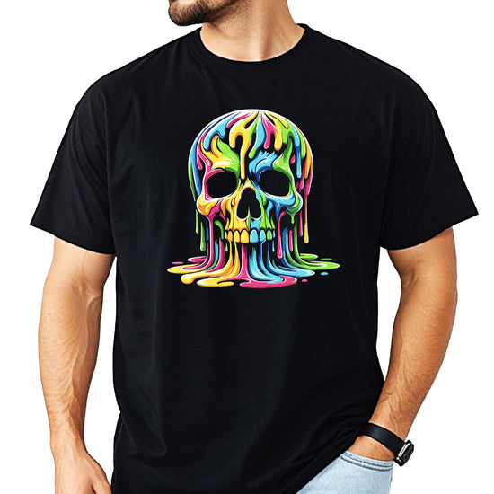 Detail shot of neon skull print quality on black adult graphic t-shirt