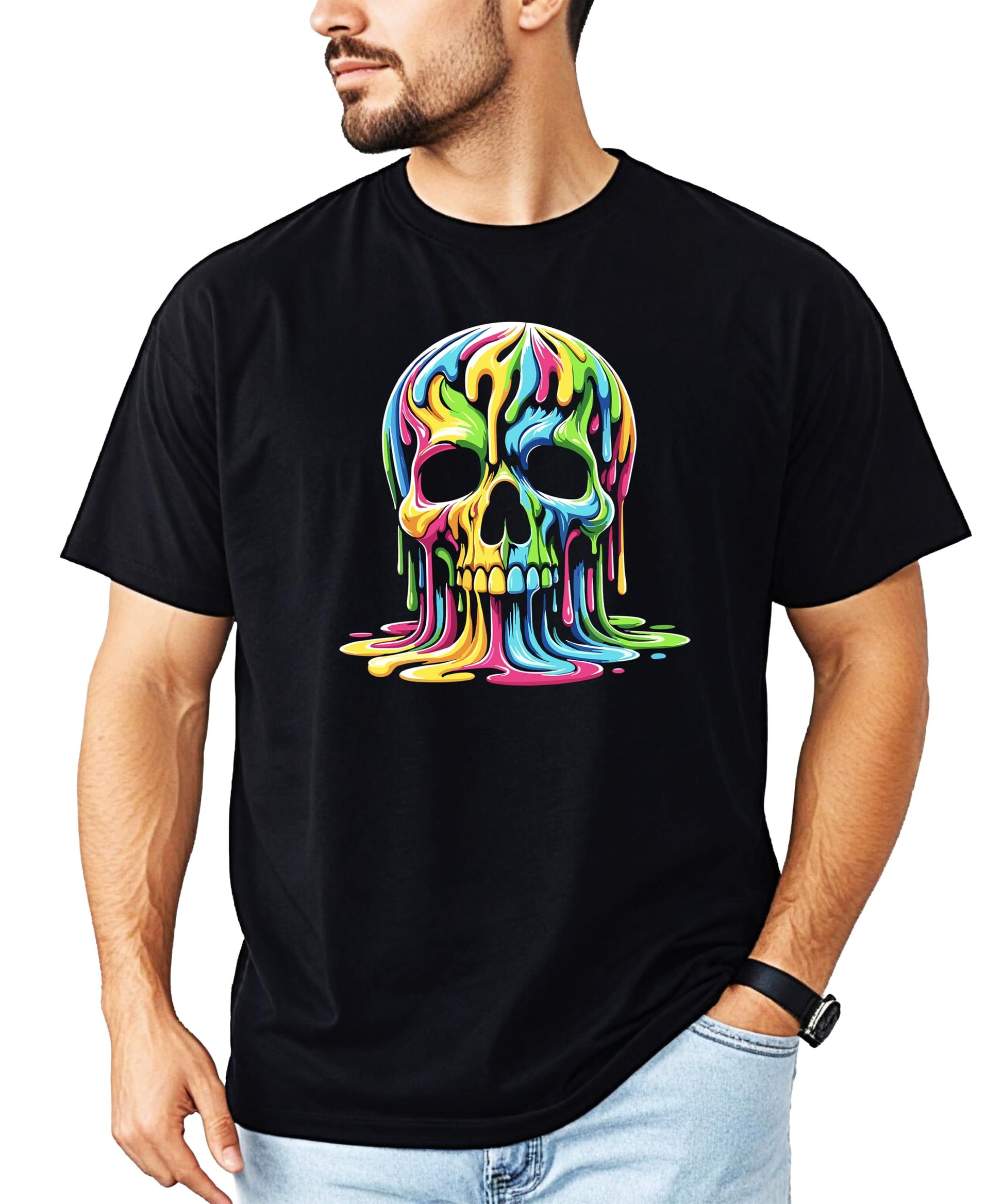 Detail shot of neon skull print quality on black adult graphic t-shirt