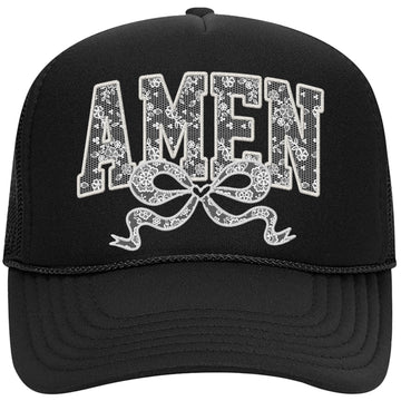 Amen Ink Printed Lace Trucker Hat for Women and Teens Girly Coquette Bow Classic Foam Front Trucker