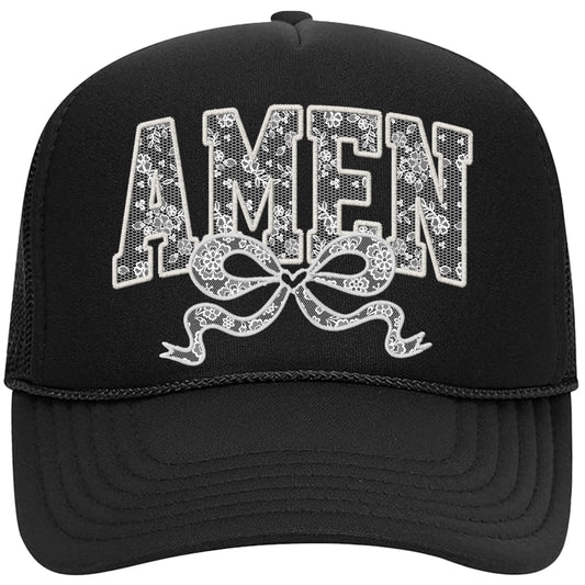 Amen Ink Printed Lace Trucker Hat for Women and Teens Girly Coquette Bow Classic Foam Front Trucker