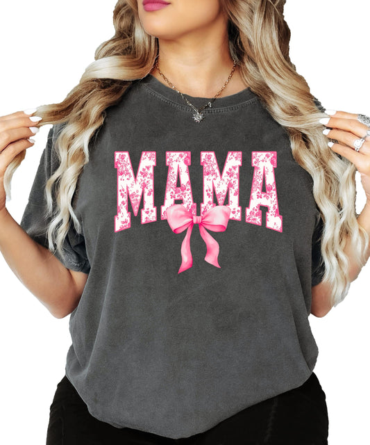Trendy Floral Mama Shirt for Women Pink Bow Graphic Tee