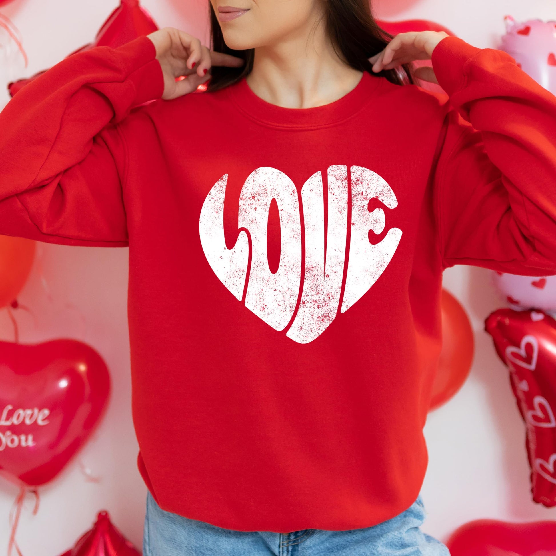 Retro love heart graphic sweatshirt for Galentine's Day, detail view