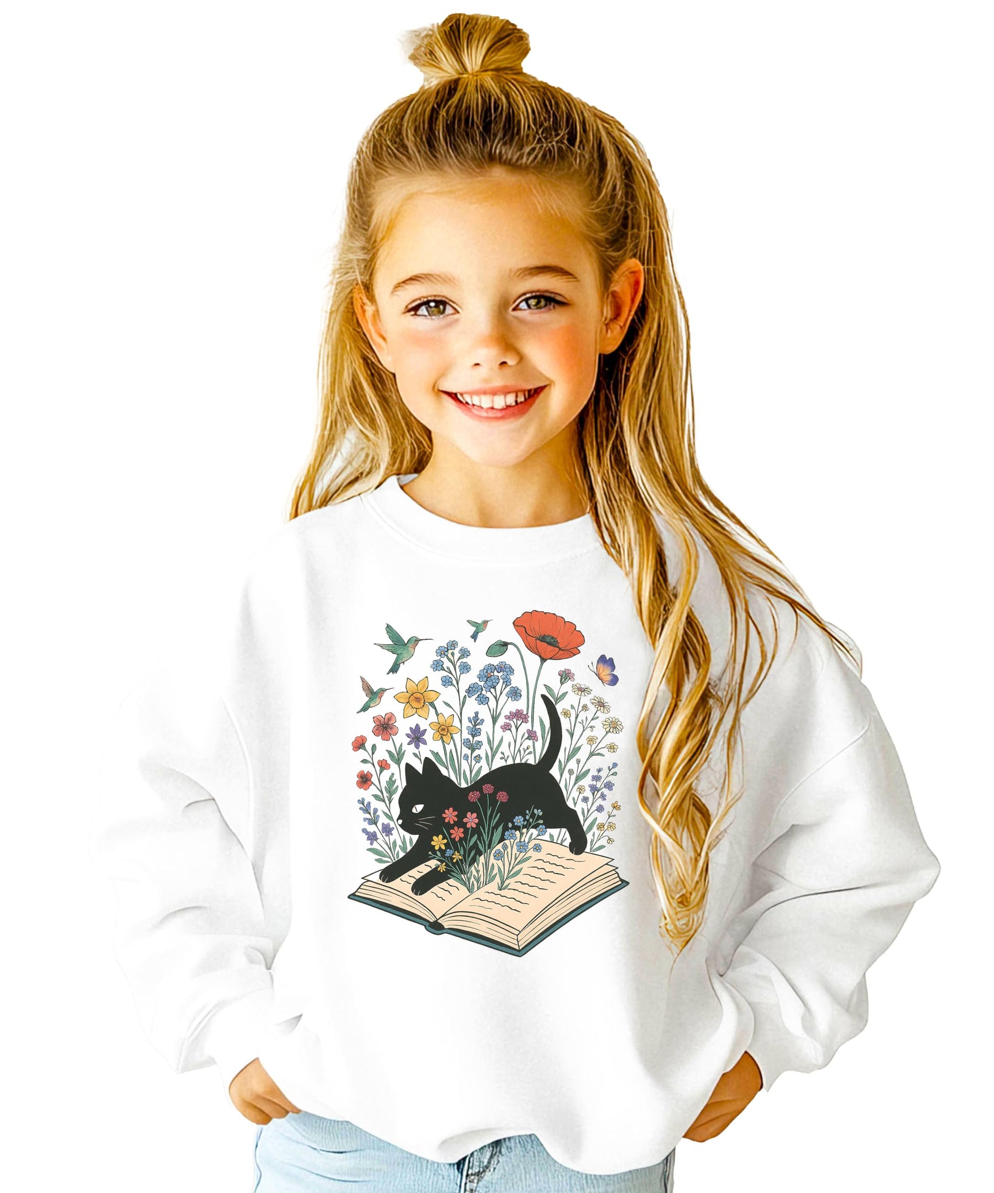 Adult wearing white black cat book lover sweatshirt with whimsical floral bookworm graphic on front