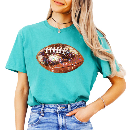 Back view of women's glitter football graphic shirt in pepper color