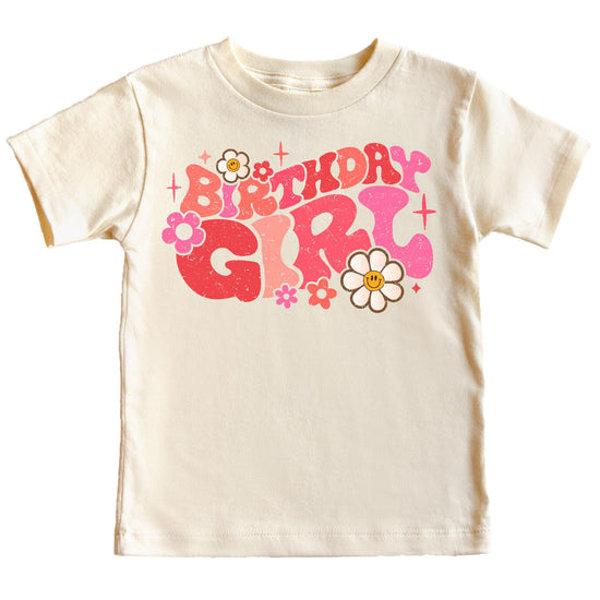 Mom of the Birthday Girl natural tee with groovy retro daisy graphic for mommy and me birthday matching