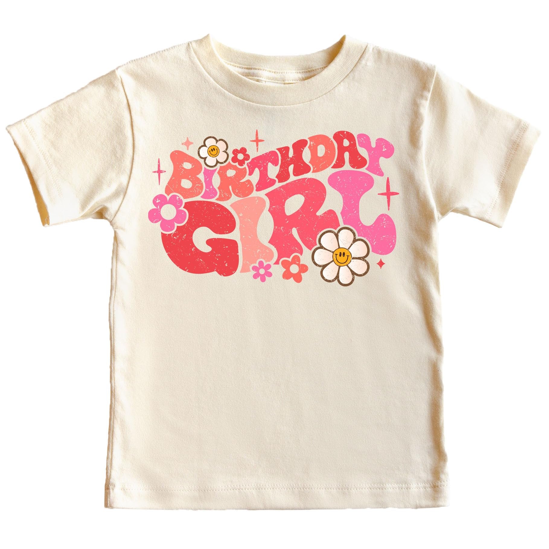Mom of the Birthday Girl natural tee with groovy retro daisy graphic for mommy and me birthday matching